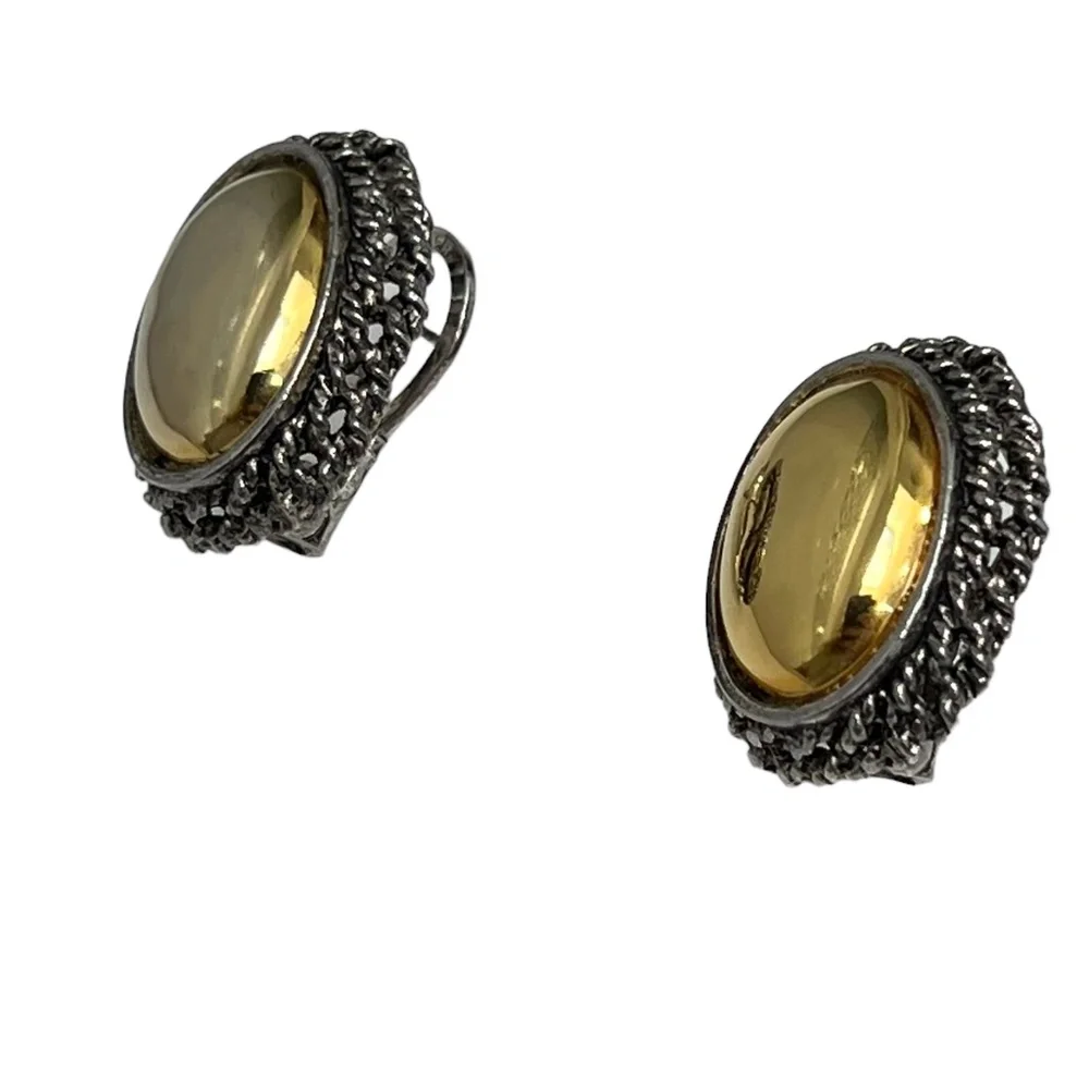 VINTAGE PREMIER USA DOMED MIRRORED GOLD TONE W SILVER TONE TWISTS OVAL EARRINGS